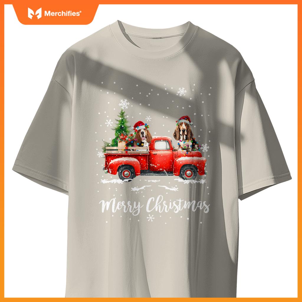 Basset Hound Red Truck Christmas Santa Hat Xmas Dog Lover T-Shirt