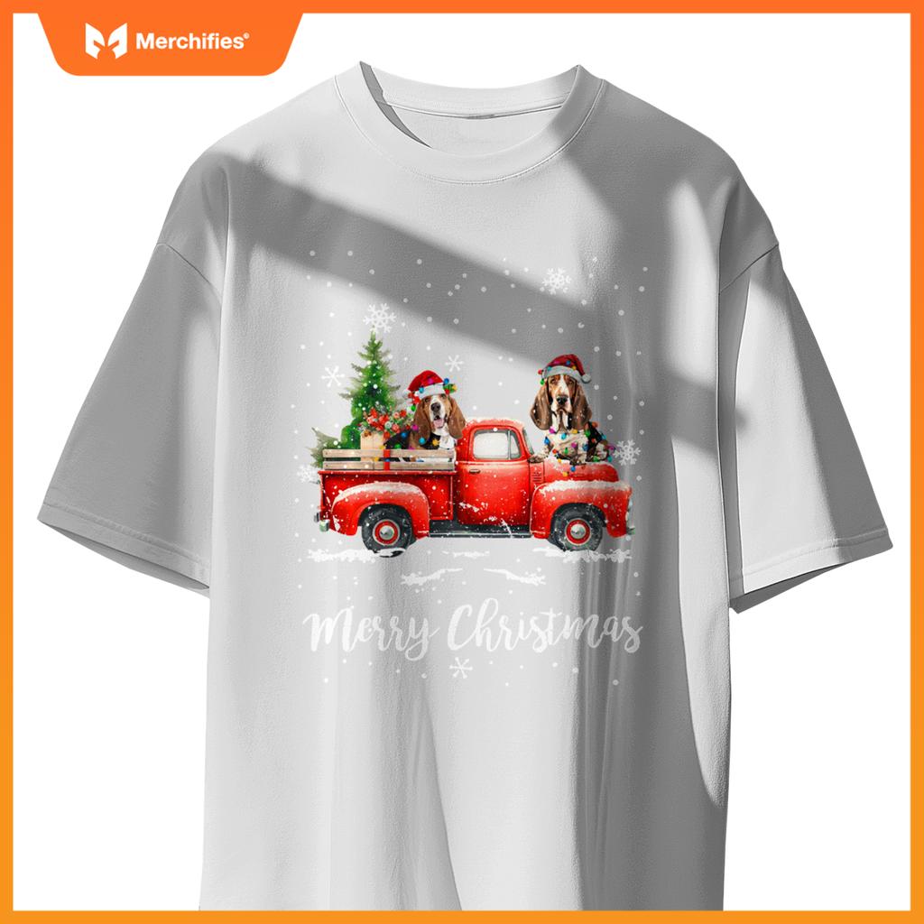 Basset Hound Red Truck Christmas Santa Hat Xmas Dog Lover T-Shirt