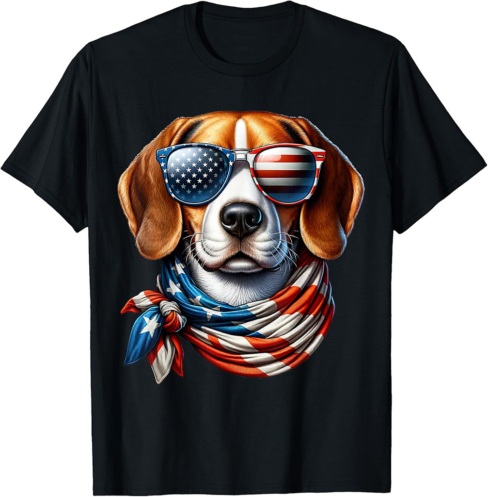 Beagle Wearing USA Flag Sunglasses 4th of July Patriotic Dog T-Shirt for Women Men