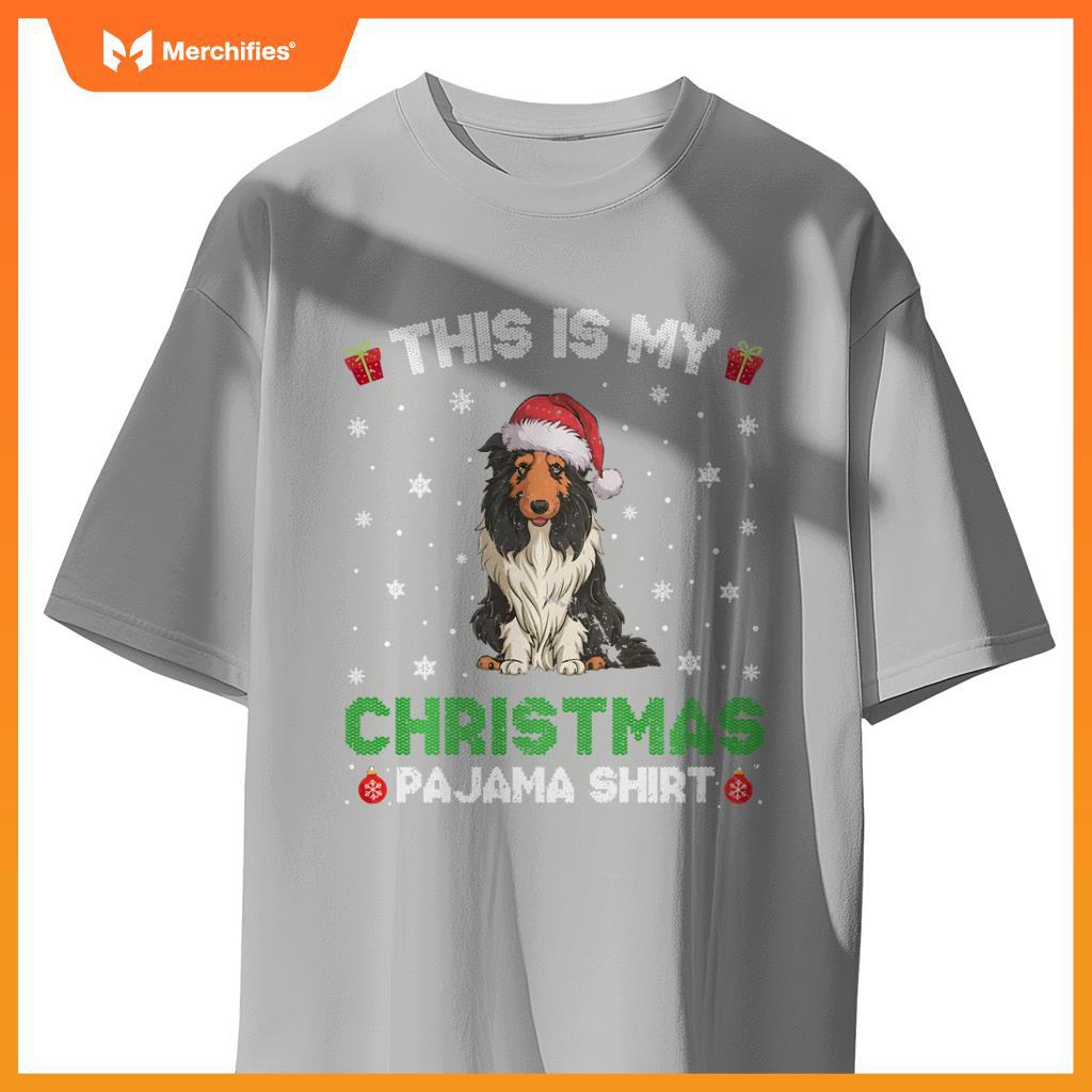Bearded Collie Dog Wearing Santa Hat Matching Xmas Pajama T-Shirt