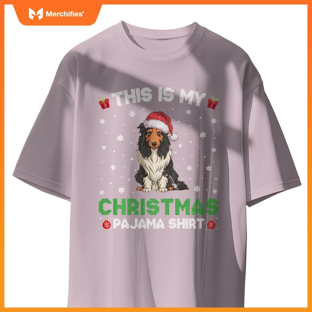 Bearded Collie Dog Wearing Santa Hat Matching Xmas Pajama T-Shirt
