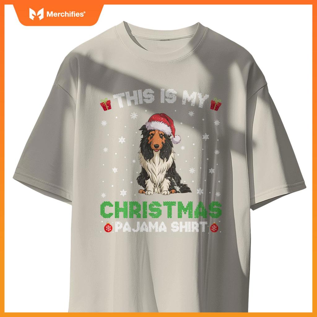 Bearded Collie Dog Wearing Santa Hat Matching Xmas Pajama T-Shirt