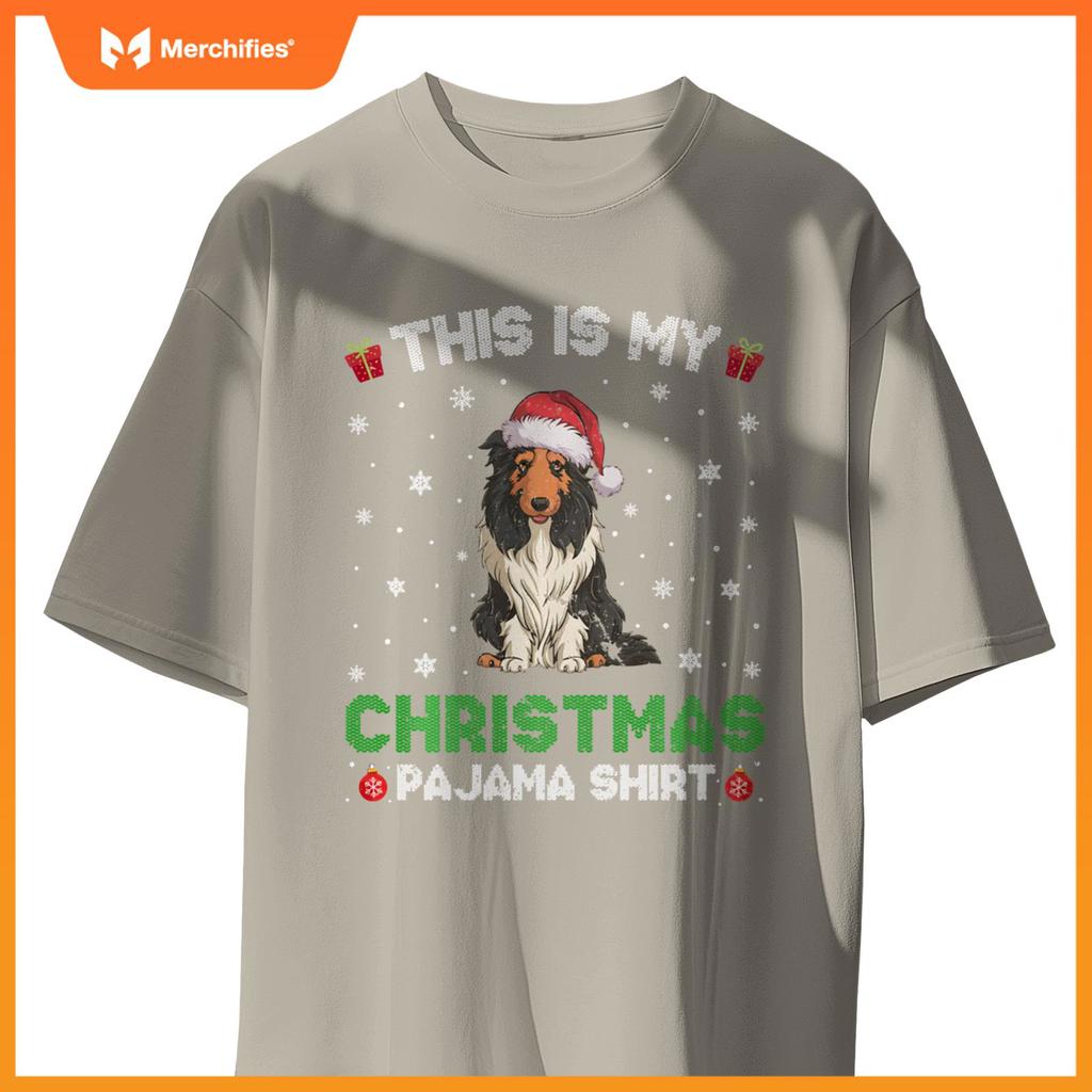 Bearded Collie Dog Wearing Santa Hat Matching Xmas Pajama T-Shirt