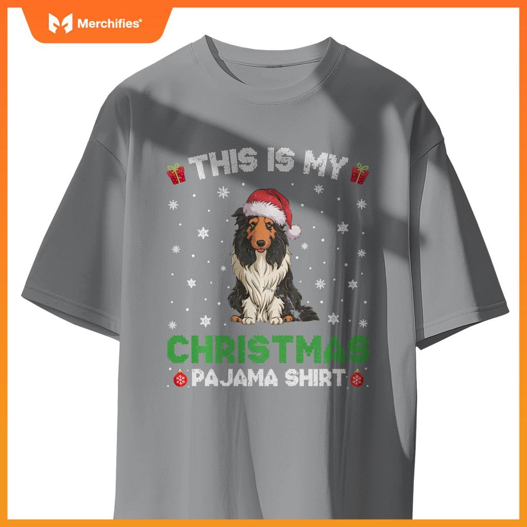 Bearded Collie Dog Wearing Santa Hat Matching Xmas Pajama T-Shirt