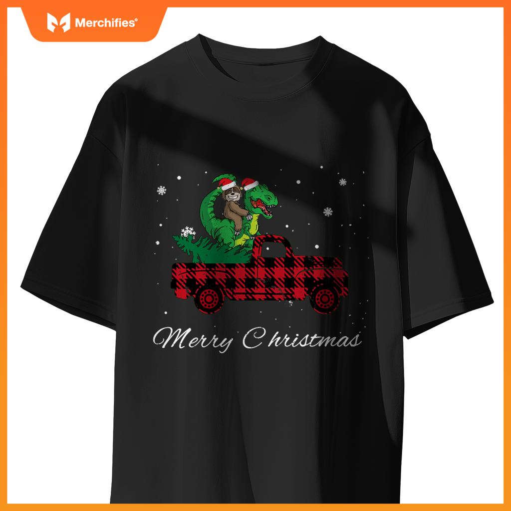 Merry Christmas Red Plaid Truck With Sloth Riding Dinosaur T-Shirt