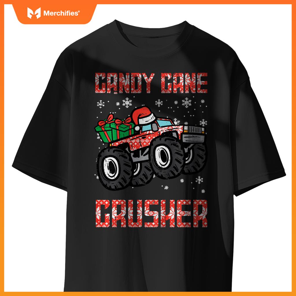 Kids Christmas Candy Cane Crusher Xmas Monster Truck Toddler Boys T-Shirt