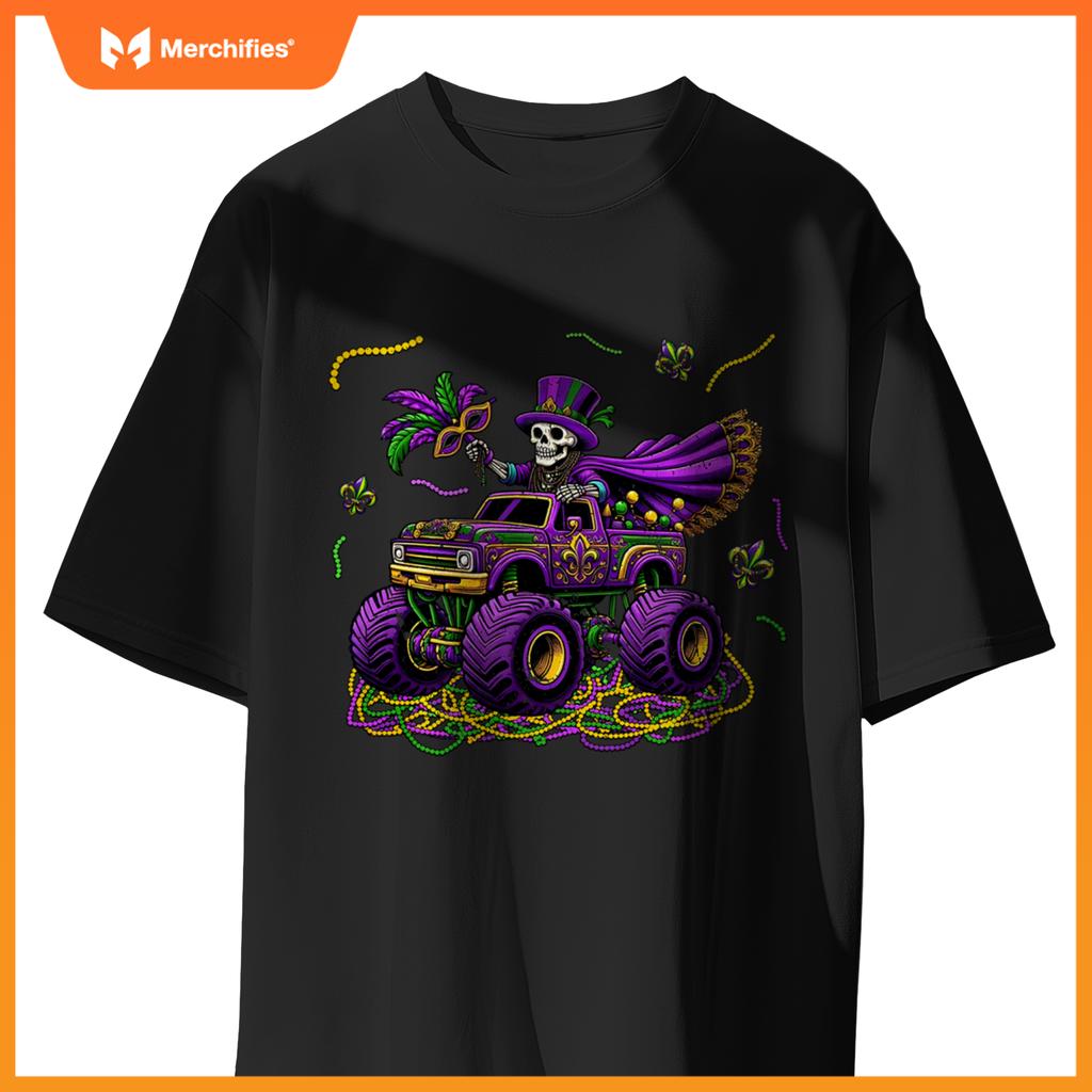 Mardi Gras Monstser Truck Skeleton Beads Mask Carnival T-Shirt