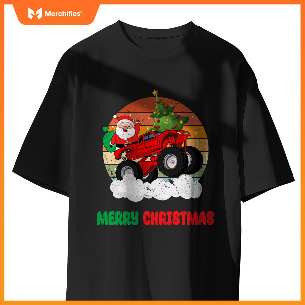 Kids Merry Xmas Santa Monster Truck Christmas Tree Light T-Shirt