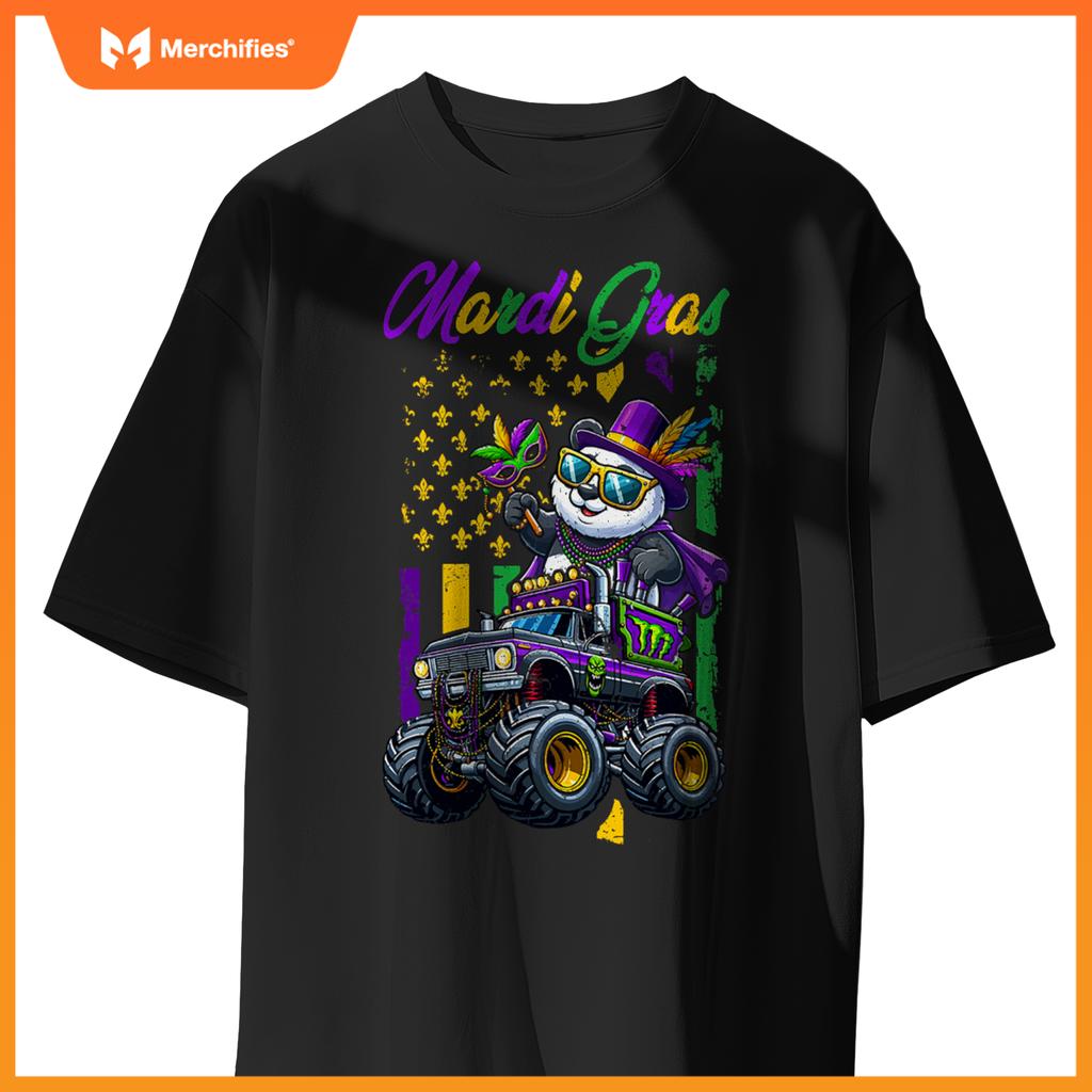 Mardi Gras Panda Sunglasses On Monster Truck Beads Masked T-Shirt