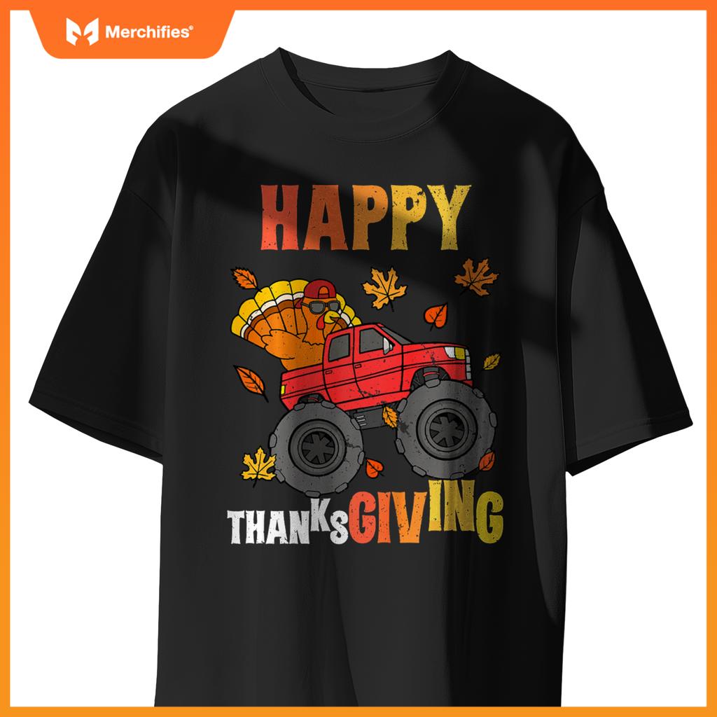 Kids Monster Truck Turkey Happy Thanksgiving Boys Girls T-Shirt