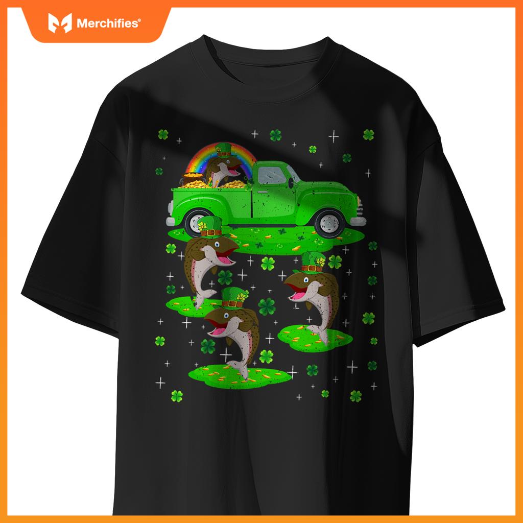Irish Shamrock Green Truck On Salmon Fish St Patricks Day T-Shirt