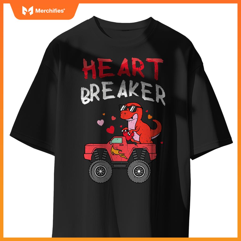 Kids Dinosaur Monster Truck Break Hearts Happy Valentines T-Shirt