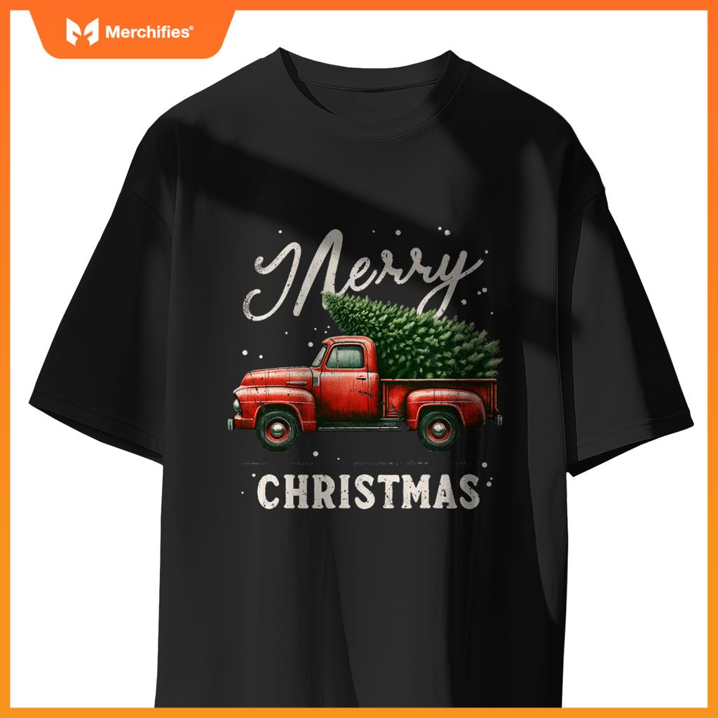 Merry Christmas Tree On Red Truck Wagon Xmas T-Shirt