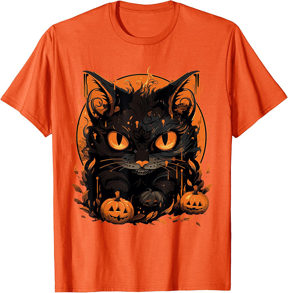 Black Cat Halloween Cat Lovers Vintage 90s Cat Pumpkin Cat T-Shirt