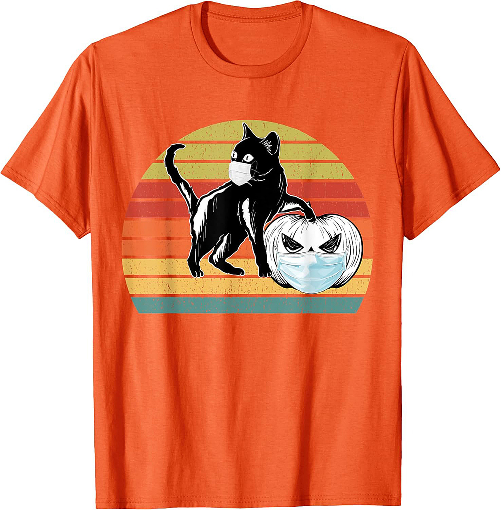 Black Cat Halloween Pumpkin wearing Face Mask Jackolantern Men Women Kids T-Shirt