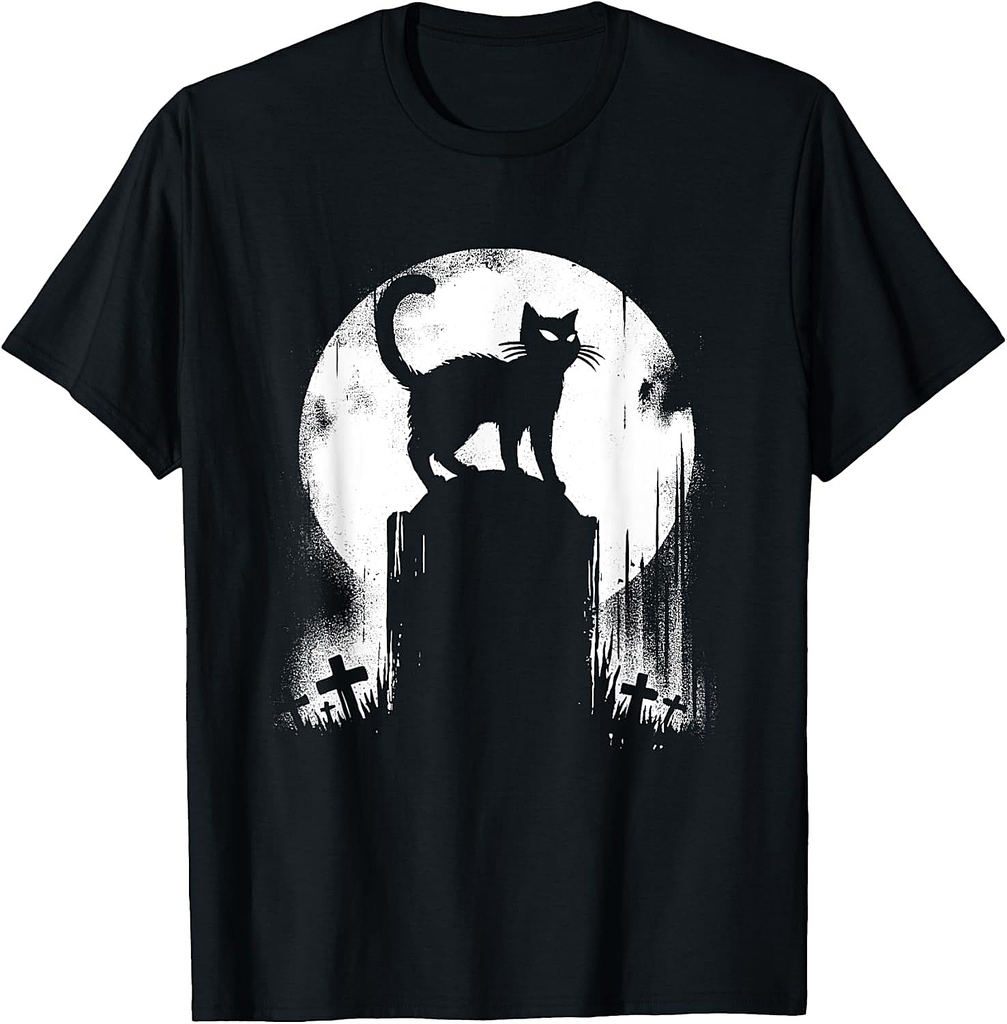 Black Cat On Tomb - Vintage Spooky Cat Graveyard Halloween T-Shirt