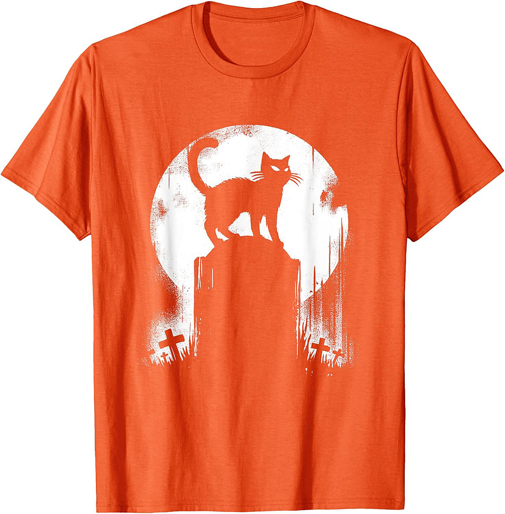 Black Cat On Tomb - Vintage Spooky Cat Graveyard Halloween T-Shirt