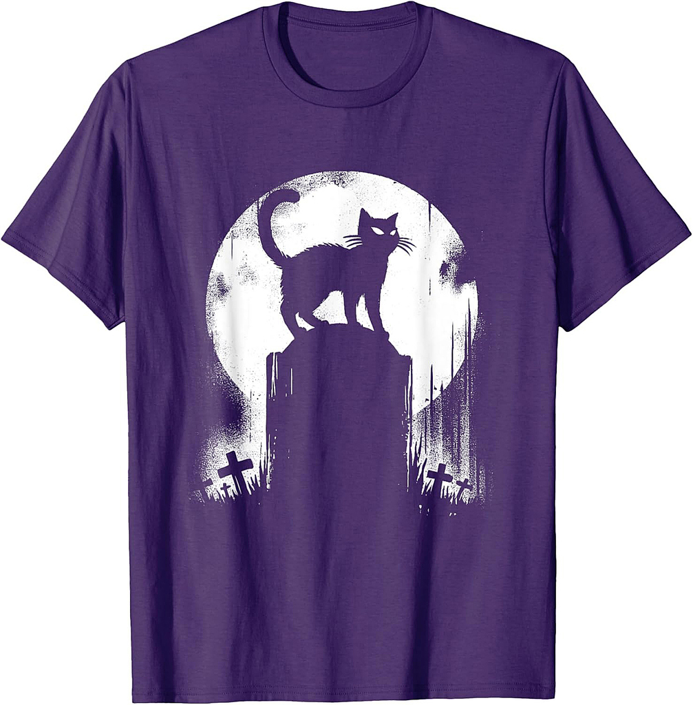 Black Cat On Tomb - Vintage Spooky Cat Graveyard Halloween T-Shirt