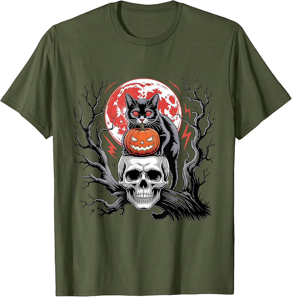 Black Cat Pumpkin Halloween Hallows Night Horror Skull T-Shirt