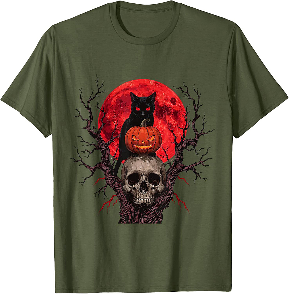Black Cat Pumpkin Halloween Hallows Night Horror Skull T-Shirt