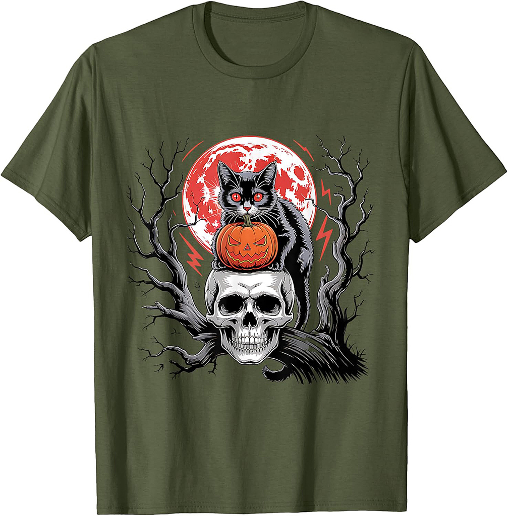 Black Cat Pumpkin Halloween Hallows Night Horror Skull T-Shirt