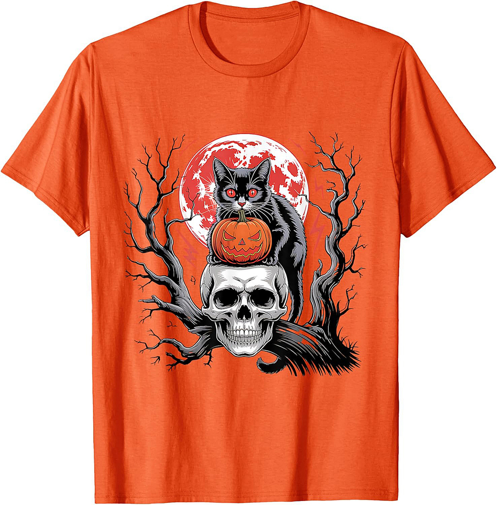 Black Cat Pumpkin Halloween Hallows Night Horror Skull T-Shirt