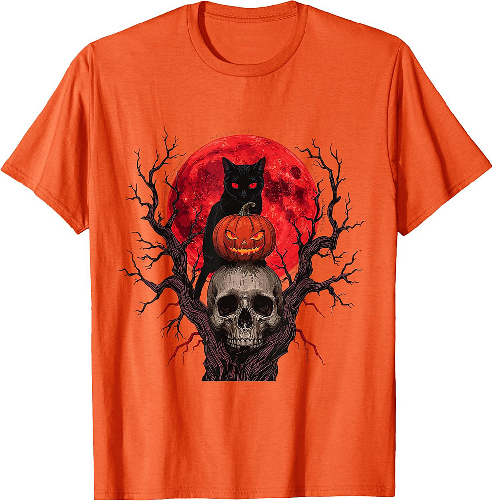 Black Cat Pumpkin Halloween Hallows Night Horror Skull T-Shirt