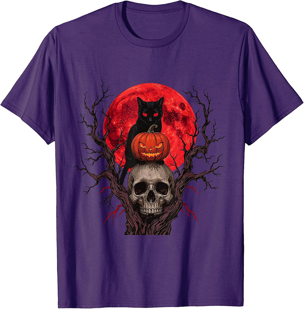 Black Cat Pumpkin Halloween Hallows Night Horror Skull T-Shirt