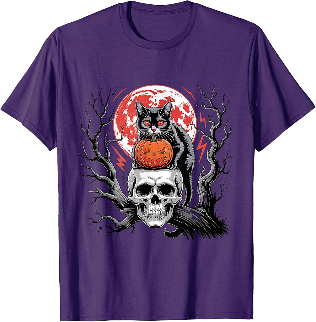 Black Cat Pumpkin Halloween Hallows Night Horror Skull T-Shirt