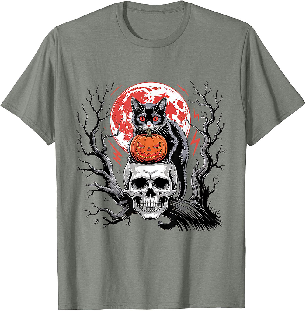 Black Cat Pumpkin Halloween Hallows Night Horror Skull T-Shirt