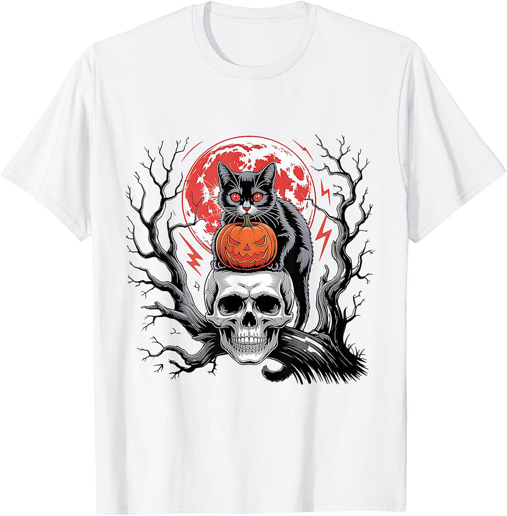 Black Cat Pumpkin Halloween Hallows Night Horror Skull T-Shirt