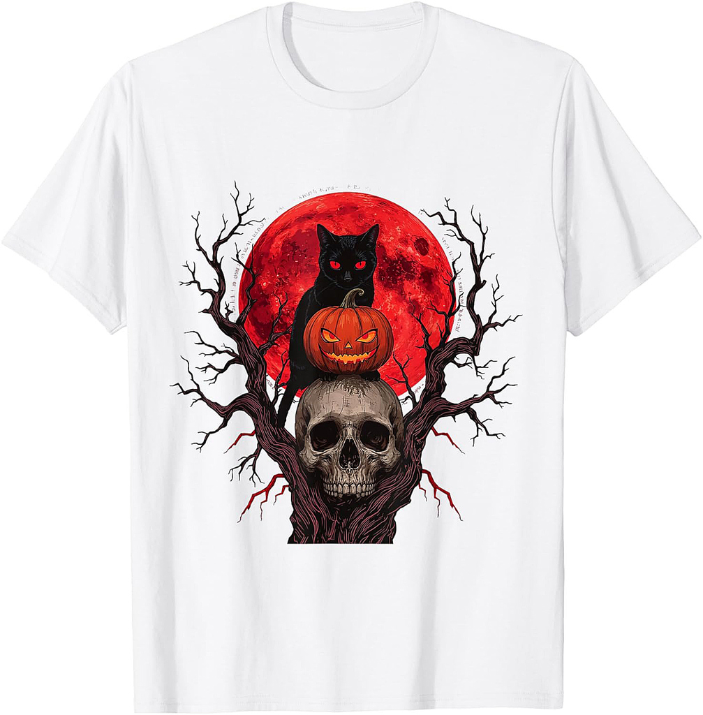 Black Cat Pumpkin Halloween Hallows Night Horror Skull T-Shirt