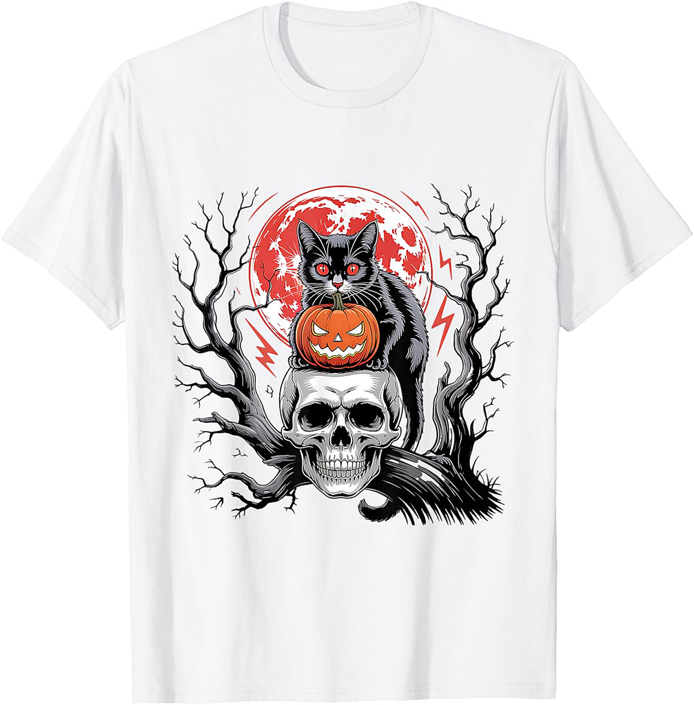 Black Cat Pumpkin Halloween Hallows Night Horror Skull T-Shirt