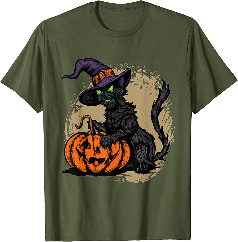 Black Cat Witch Halloween Pumpkin T-Shirt