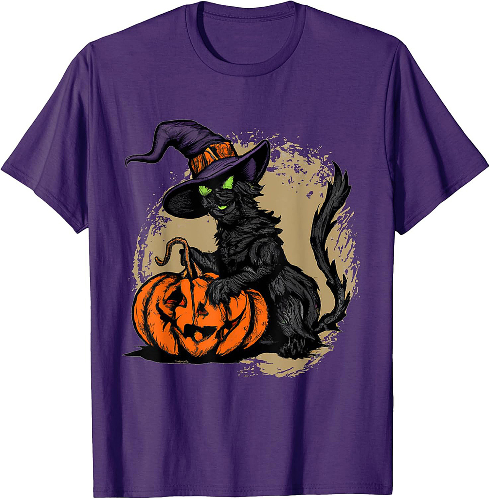 Black Cat Witch Halloween Pumpkin T-Shirt