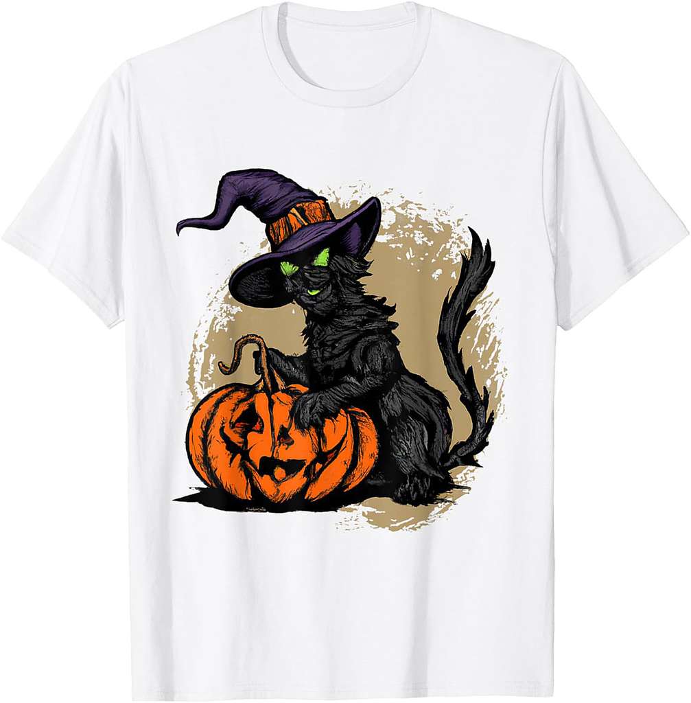 Black Cat Witch Halloween Pumpkin T-Shirt
