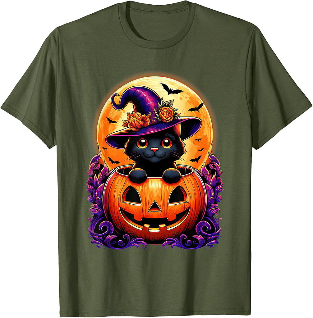 Black Cat Witch Hat Pumpkin Funny Halloween Men Women Kids T-Shirt