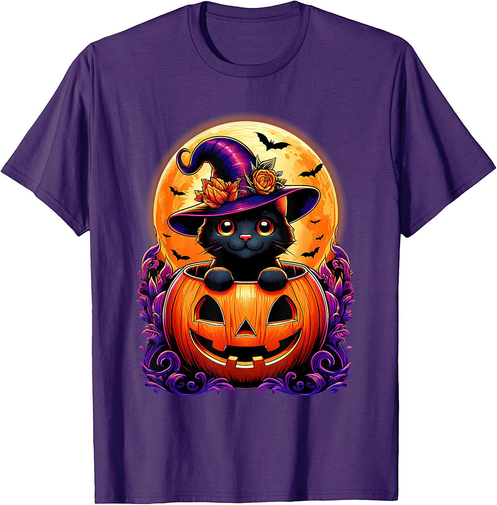 Black Cat Witch Hat Pumpkin Funny Halloween Men Women Kids T-Shirt