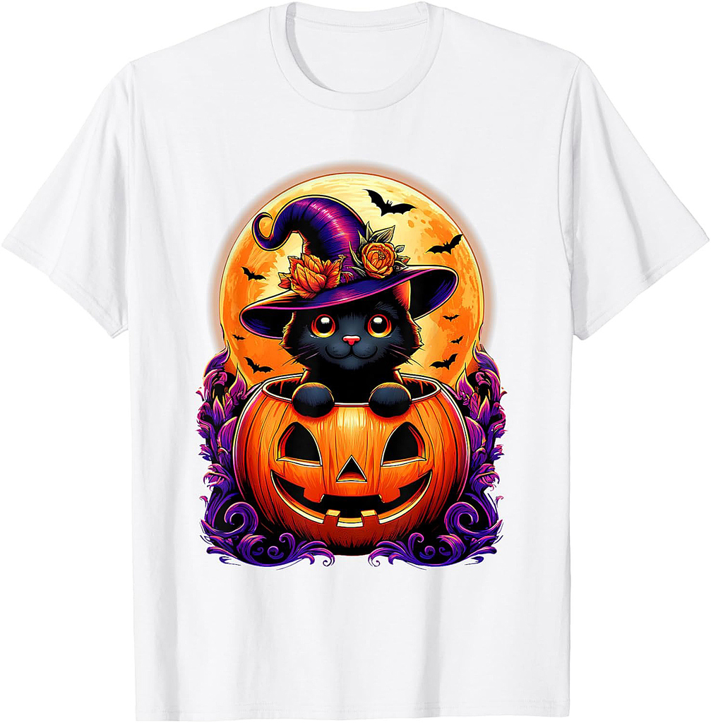 Black Cat Witch Hat Pumpkin Funny Halloween Men Women Kids T-Shirt
