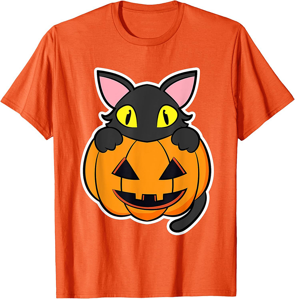 Black Cat sitting in a Pumpkin for Cat Lover - Halloween T-Shirt
