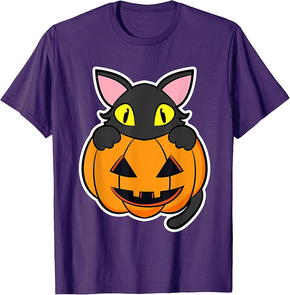 Black Cat sitting in a Pumpkin for Cat Lover - Halloween T-Shirt