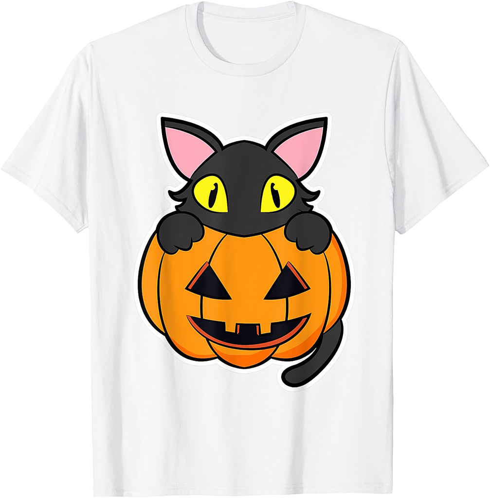 Black Cat sitting in a Pumpkin for Cat Lover - Halloween T-Shirt