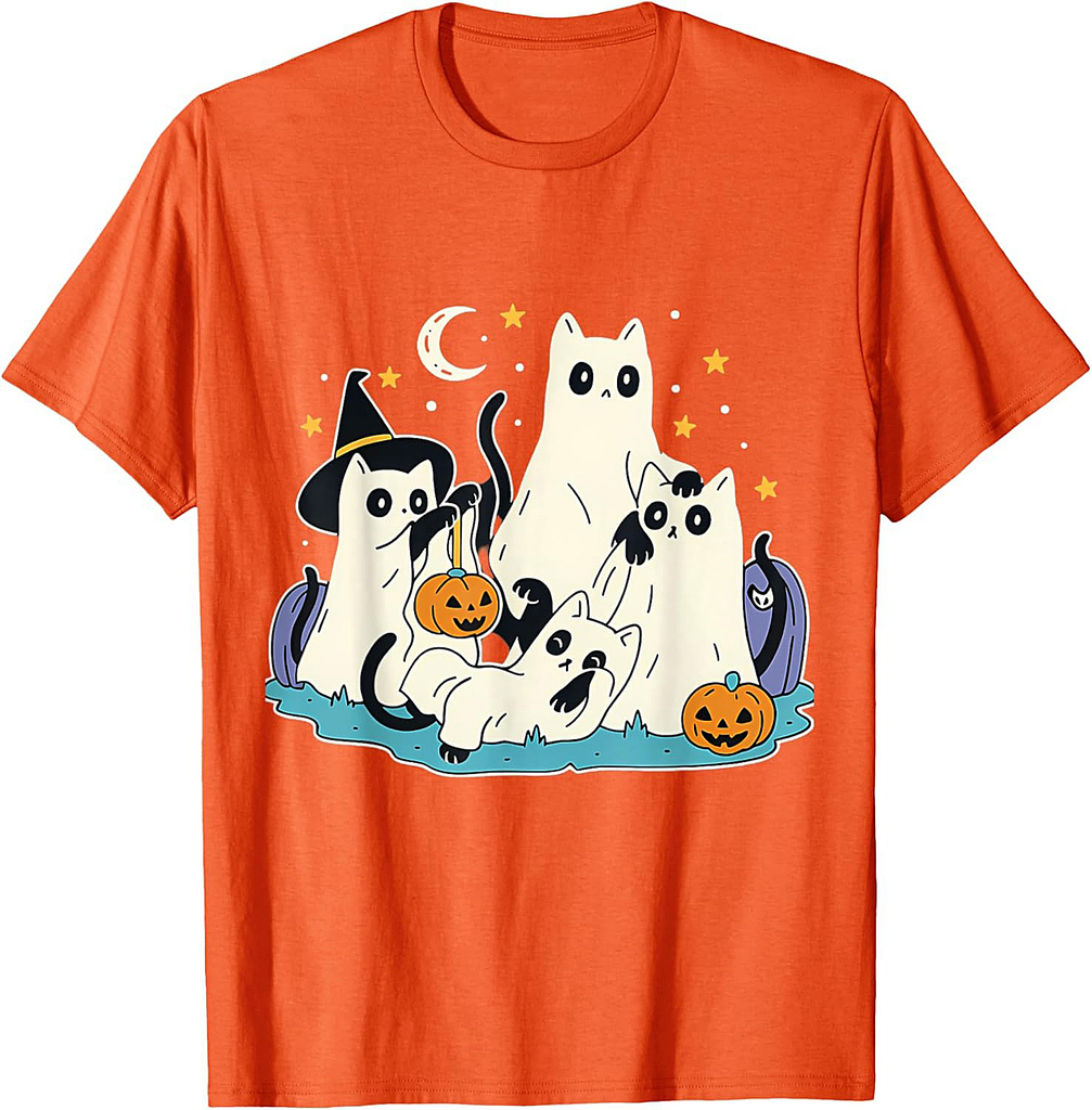 Black Cats In Ghost Halloween Spooky Season T-Shirt