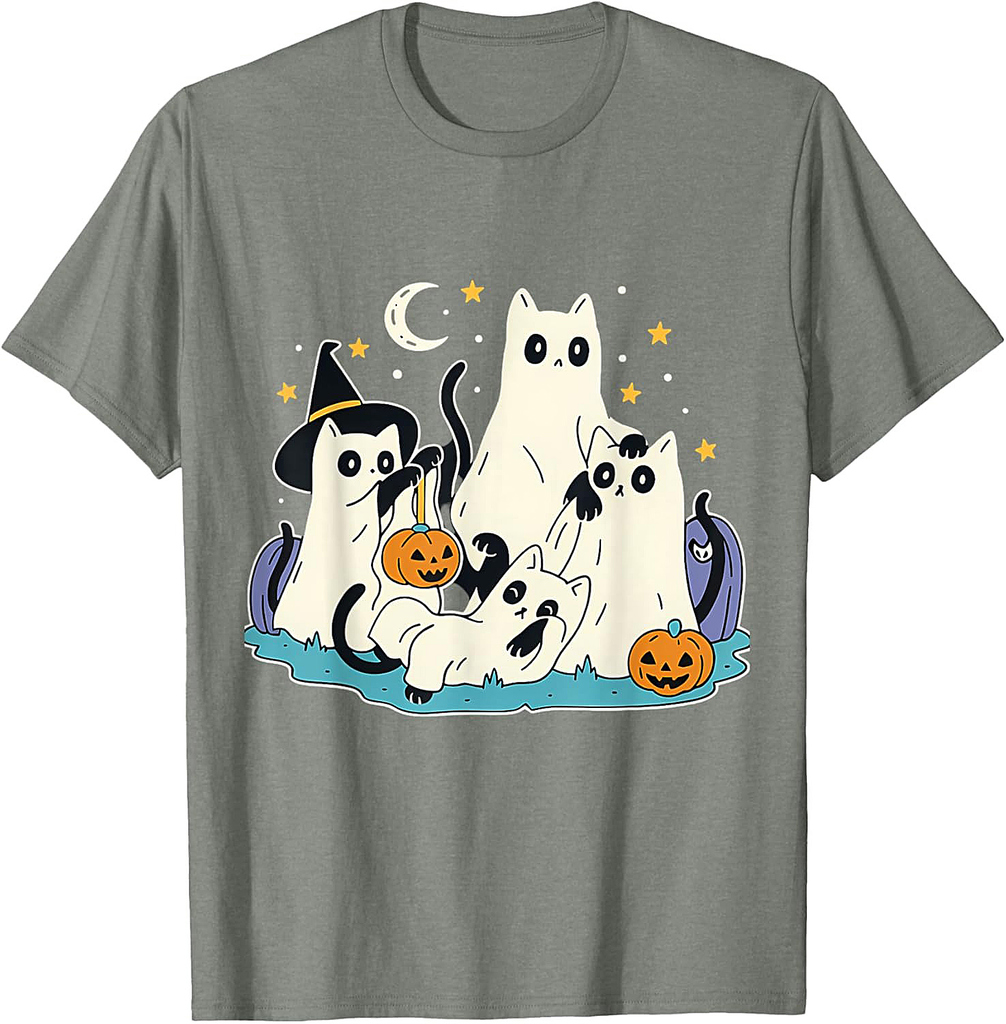 Black Cats In Ghost Halloween Spooky Season T-Shirt