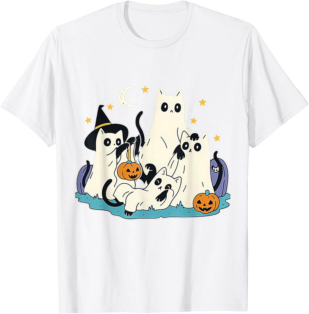 Black Cats In Ghost Halloween Spooky Season T-Shirt