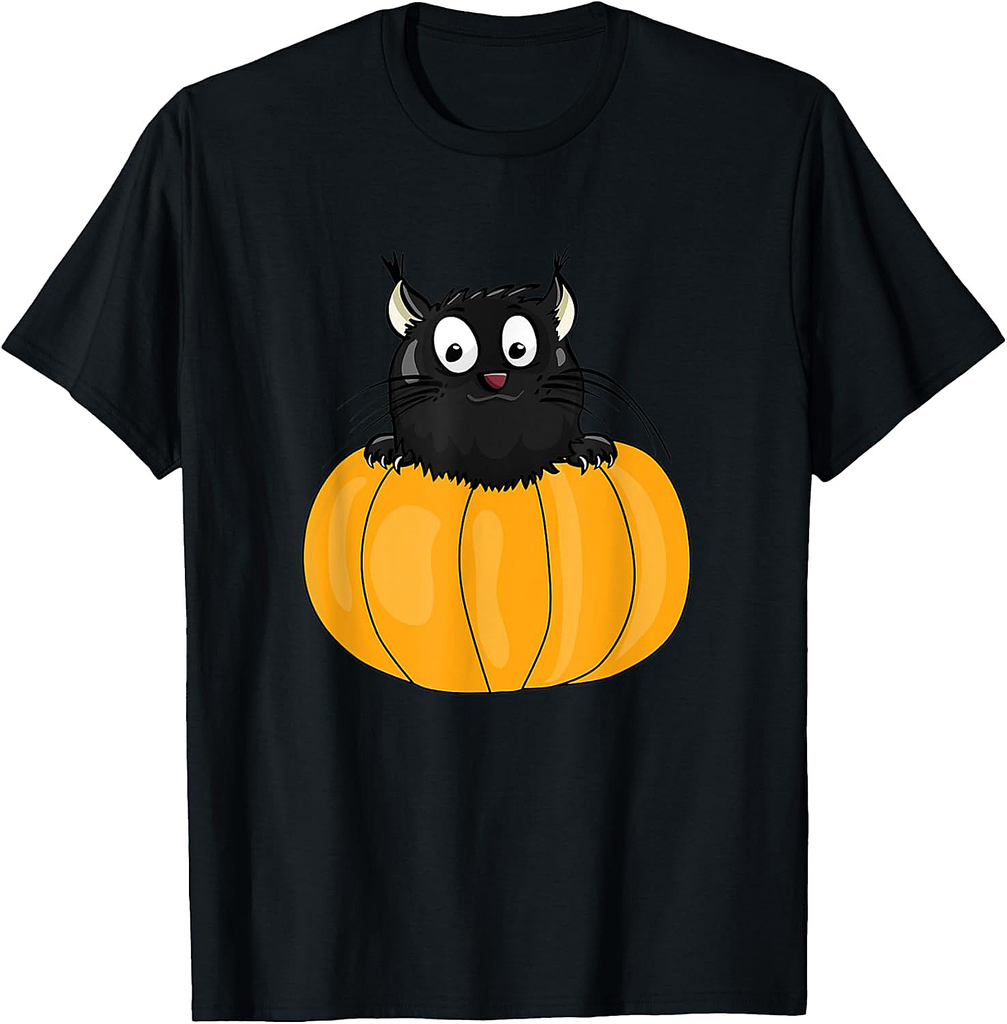 Black Pumkin Kitty Happy Halloween Funny Cat Cartoon Drawing T-Shirt for Men Women Kids