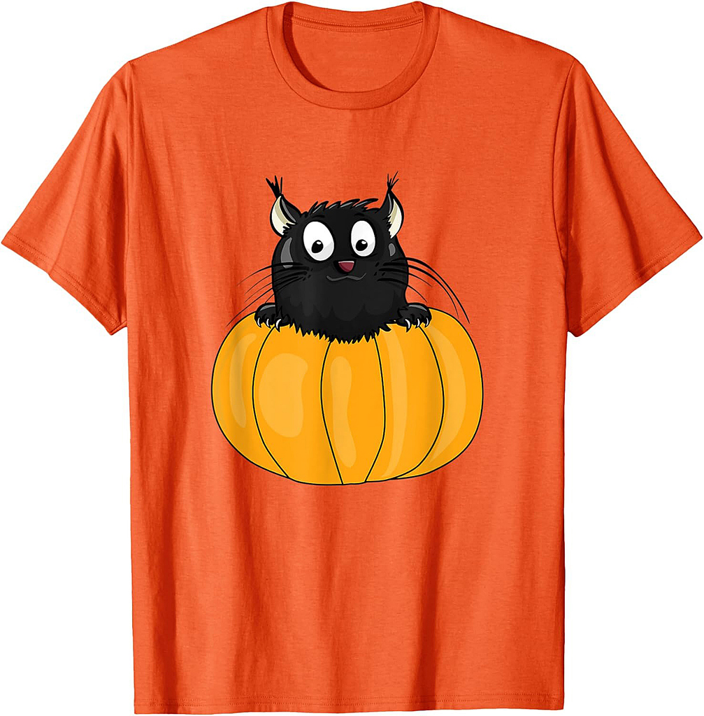 Black Pumkin Kitty Happy Halloween Funny Cat Cartoon Drawing T-Shirt for Men Women Kids