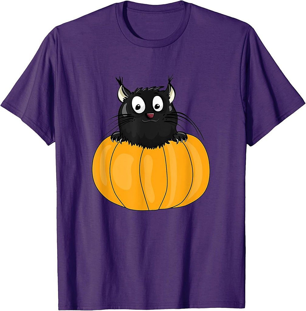 Black Pumkin Kitty Happy Halloween Funny Cat Cartoon Drawing T-Shirt for Men Women Kids