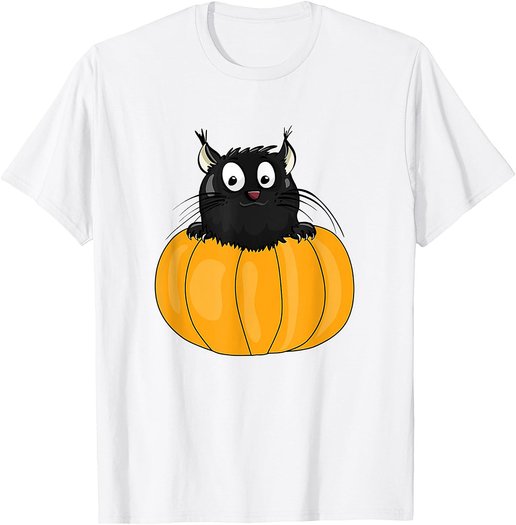 Black Pumkin Kitty Happy Halloween Funny Cat Cartoon Drawing T-Shirt for Men Women Kids