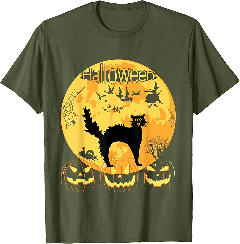 Black Scary Cat with Lighted Eyes Halloween T-Shirt for Men Women Kids